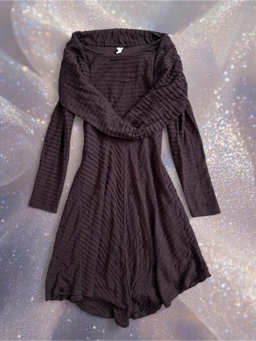 Vintage 00s Chalet Chocolate Brown Flare Dress Boat Neck Statement Collar Fall